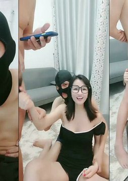 红唇眼镜御姐3P大战头套男,两根JB轮换着舔一脸享受,吊带黑丝高跟鞋边口边操,操的好舒服叫的好骚被任意玩弄